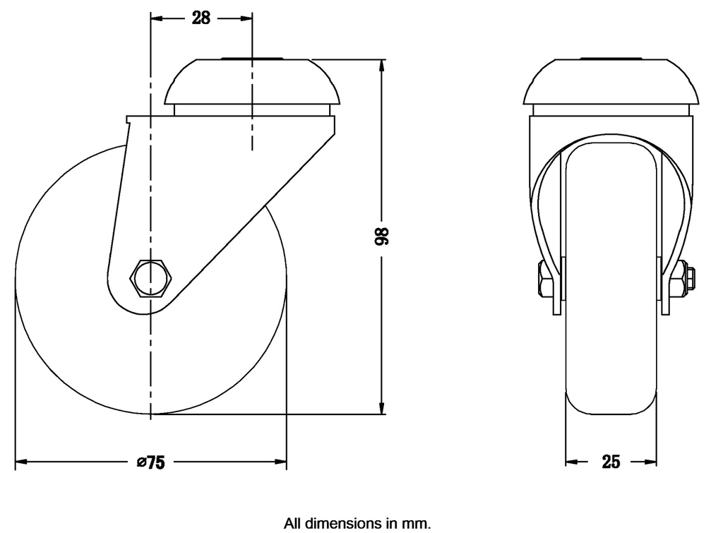 100 series 75mm swivel bolt hole 10mm castor with grey TPR-rubber on polypropylene centre plain bearing wheel 60kg - Castor dimensions