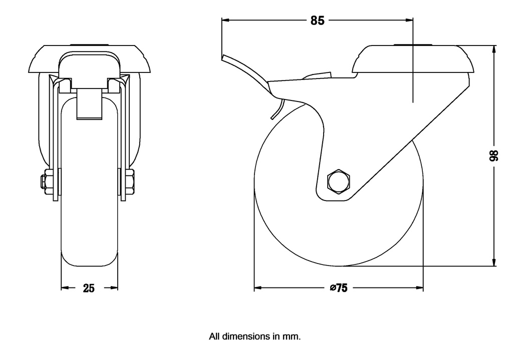 100 series 75mm swivel/brake bolt hole 10mm castor with grey TPR-rubber on polypropylene centre plain bearing wheel 60kg - Castor dimensions