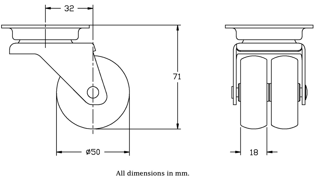 100 series 2x50mm swivel top plate 60x60mm castor with grey TPR-rubber on polypropylene centre plain bearing 70kg - Castor diamensions