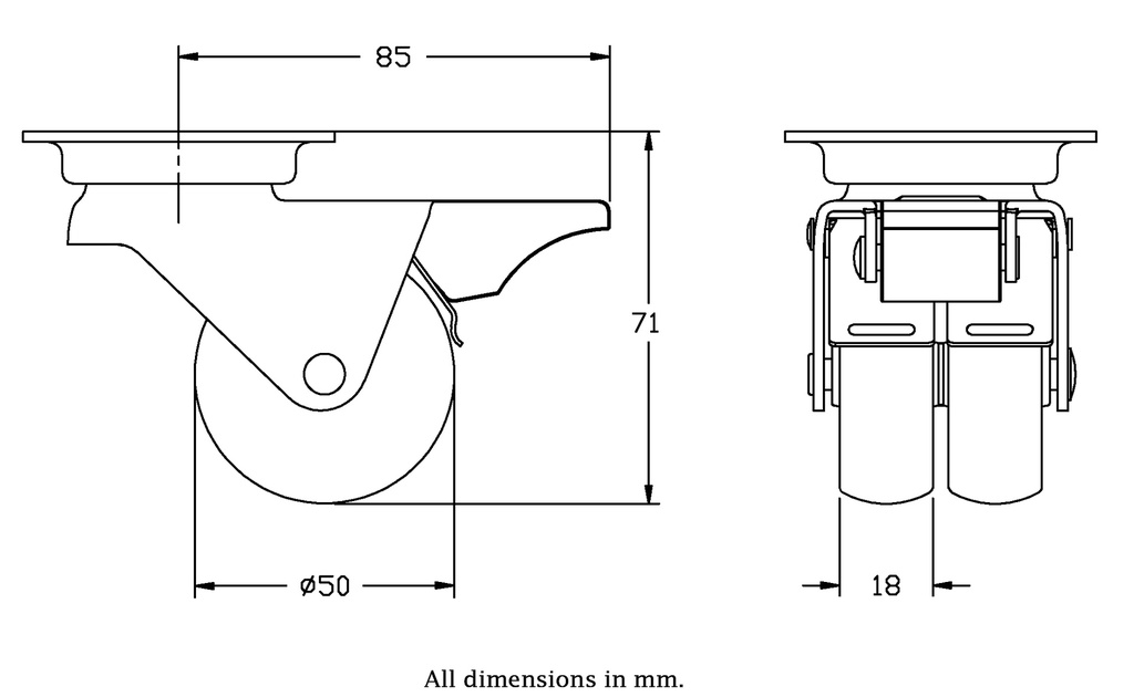 100 series 2x50mm swivel/brake top plate 60x60mm castor with grey TPR-rubber on polypropylene centre plain bearing 70kg - Castor dimensions