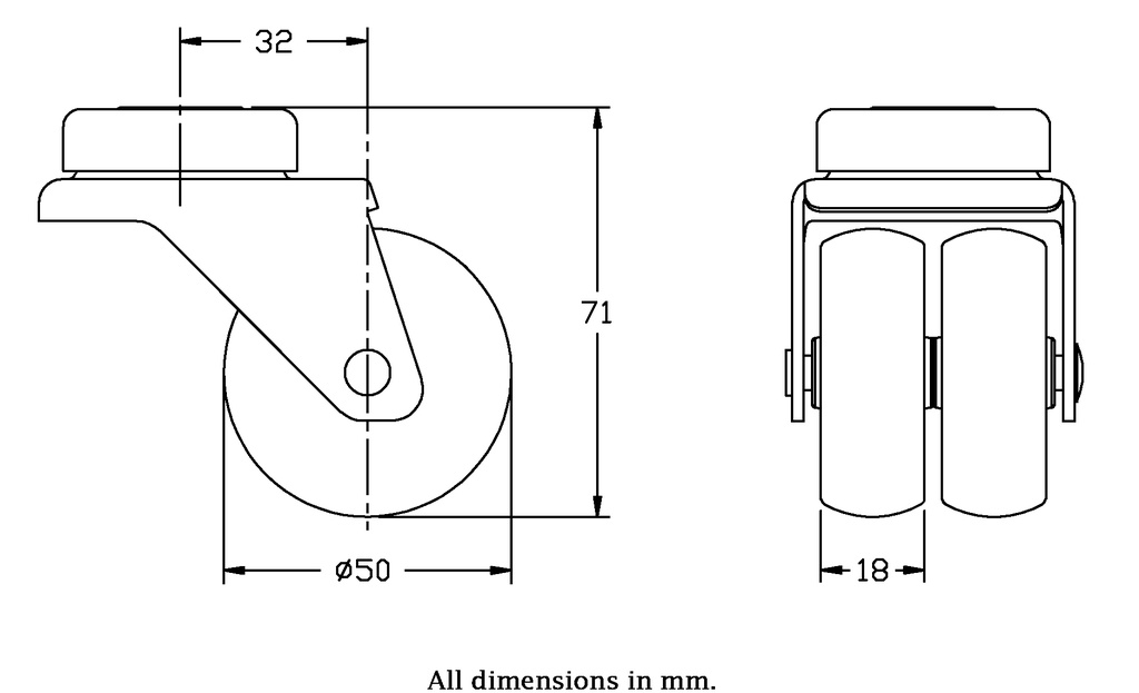 100 series 2x50mm swivel bolt hole 10mm castor with grey TPR-rubber on polypropylene centre plain bearing wheels 70kg - Castor dimensions