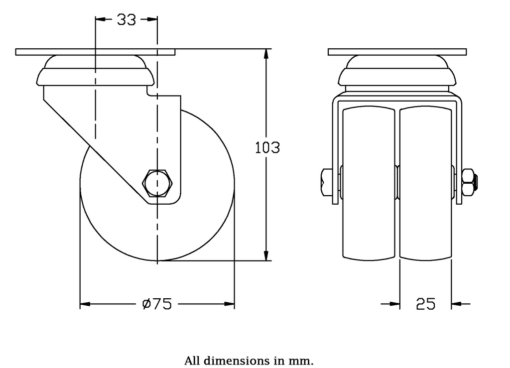 100 series 2x75mm swivel top plate 77x67mm castor with TPR-rubber on polypropylene centre plain bearing 100kg - Castor dimensions