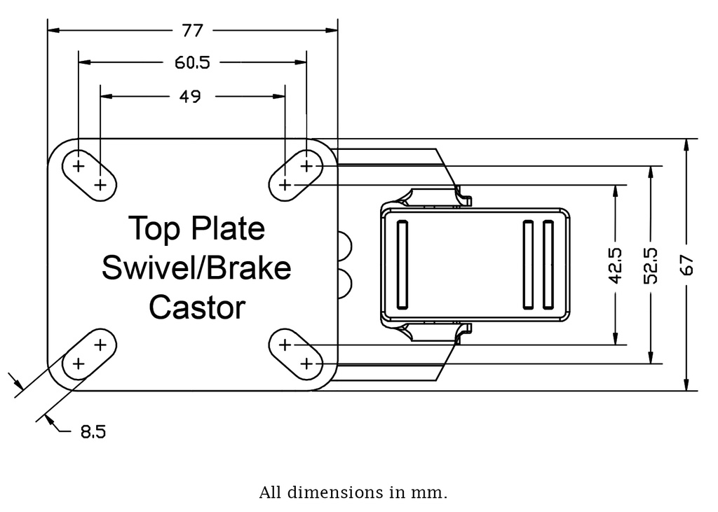 100 series 2x75mm swivel/brake top plate 77x67mm - Plate dimensions