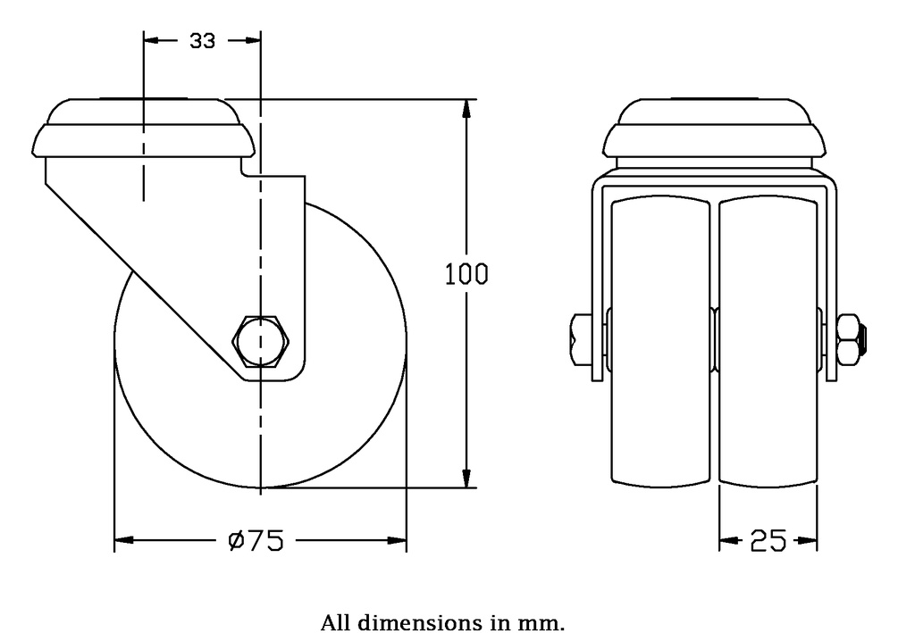 100 series 2x75mm swivel bolt hole 12mm castor with grey TPR-rubber on polypropylene centre plain bearing wheels 100kg - Castor dimensions