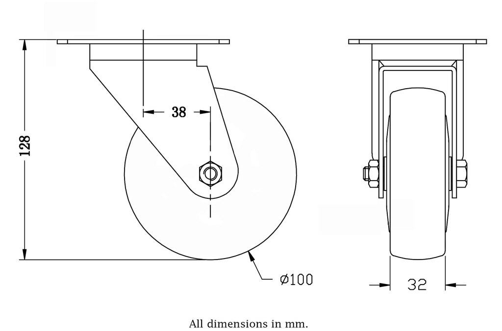300 series 100mm swivel top plate 100x80mm castor with grey TPR-rubber on polypropylene centre ball bearing wheel 110kg - Castor drawing