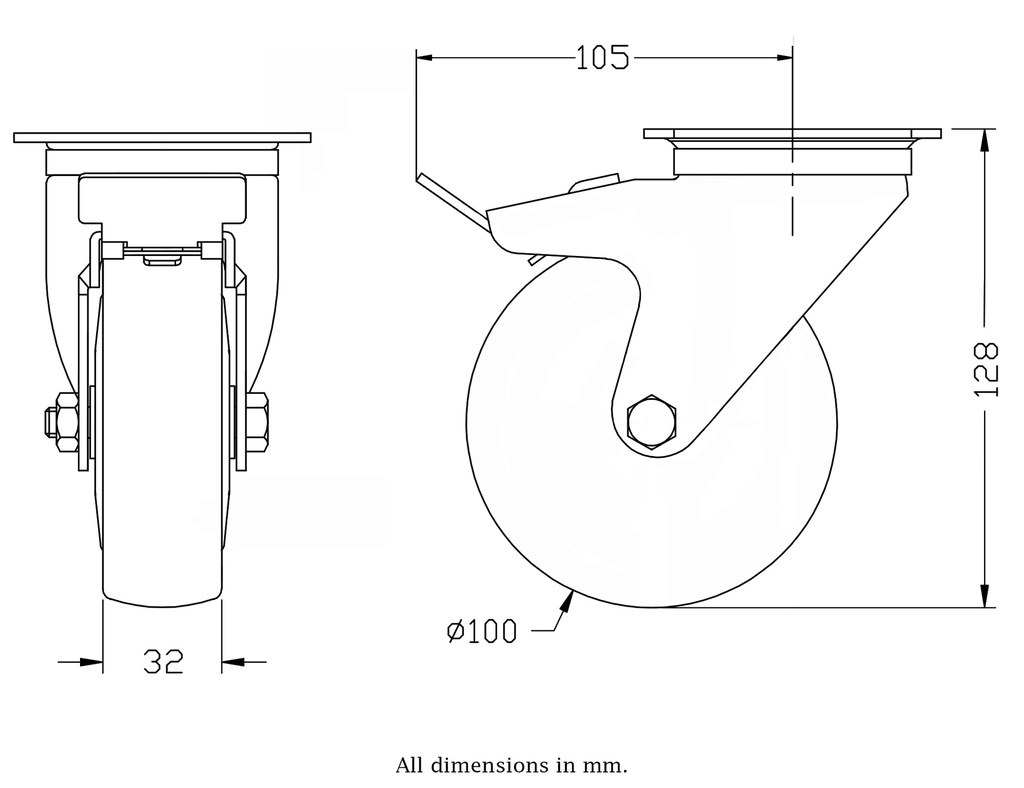 300 series 100mm swivel/brake top plate 100x80mm castor with grey TPR-rubber on polypropylene centre ball bearing wheel 110kg - Castor drawing