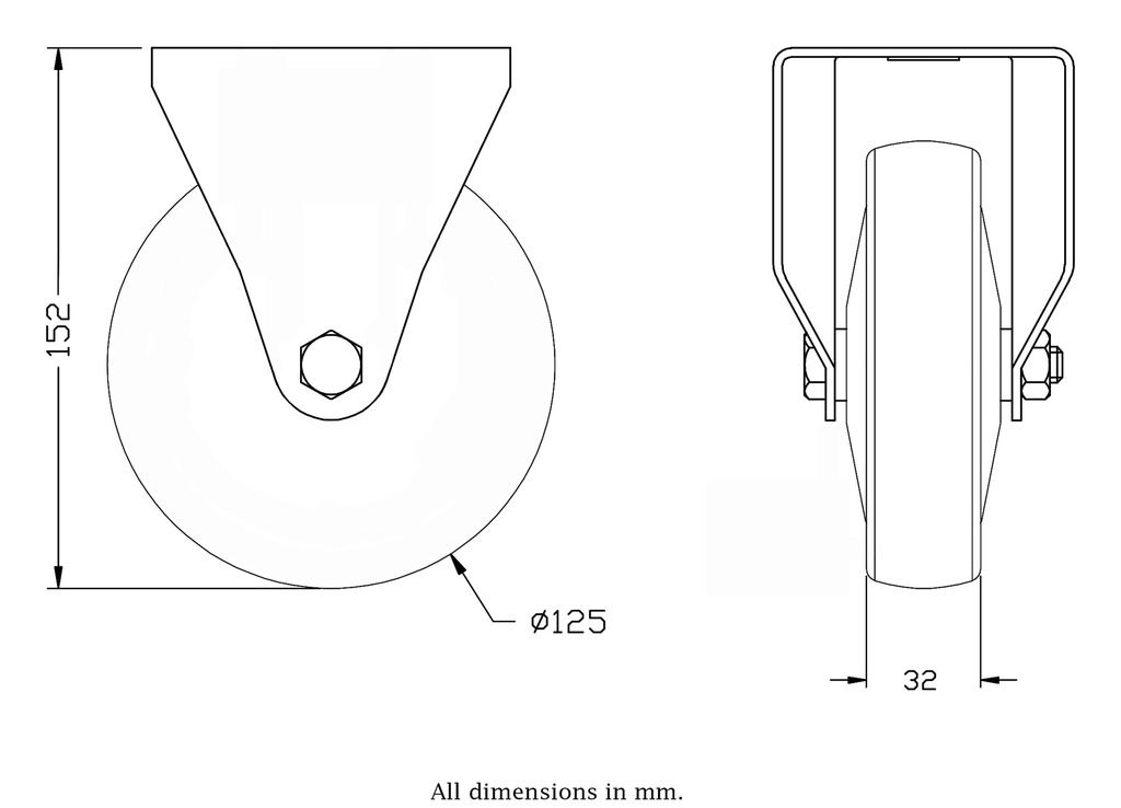 300 series 125mm fixed top plate 100x84mm castor with grey TPR-rubber on polypropylene centre ball bearing wheel 130kg - Castor drawing