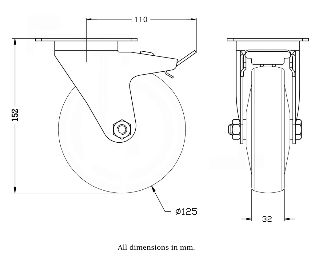 300 series 125mm swivel/brake top plate 100x80mm castor with grey TPR-rubber on polypropylene centre ball bearing wheel 130kg - Castor drawing