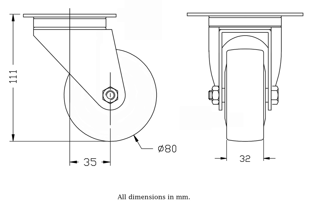 300 series 80mm swivel top plate 100x80mm castor with grey TPR-rubber on polypropylene centre ball bearing wheel 80kg - Castor drawing