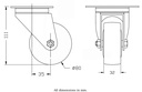300 series 80mm swivel top plate 100x80mm castor with grey TPR-rubber on polypropylene centre ball bearing wheel 80kg - Castor drawing
