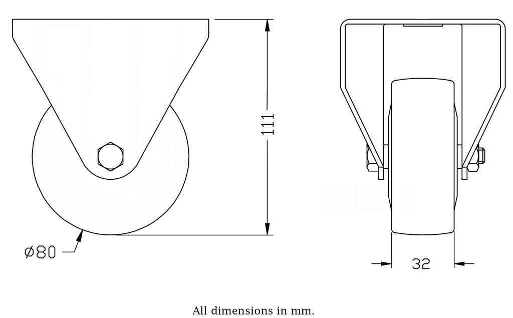 300 series 80mm fixed top plate 100x84mm castor with grey TPR-rubber on polypropylene centre ball bearing wheel 80kg - Castor drawing