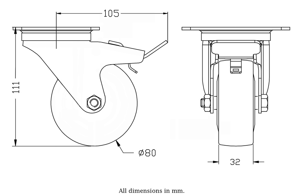 300 series 80mm swivel/brake top plate 100x80mm castor with grey TPR-rubber on polypropylene centre ball bearing wheel 80kg - Castor drawing