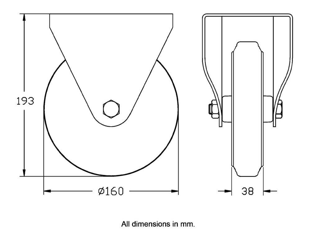 300 series 160mm fixed top plate 146x107mm castor with grey rubber on polypropylene centre roller bearing wheel 135kg - Castor dimensions