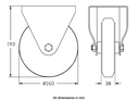 300 series 160mm fixed top plate 146x107mm castor with grey rubber on polypropylene centre roller bearing wheel 135kg - Castor dimensions