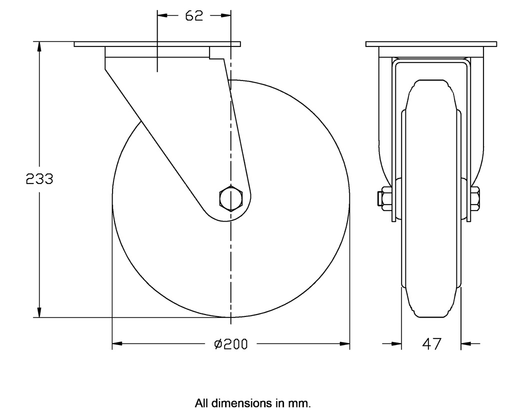 300 series 200mm swivel top plate 140x110mm castor with grey rubber on polypropylene centre roller bearing wheel 205kg - Castor dimensions