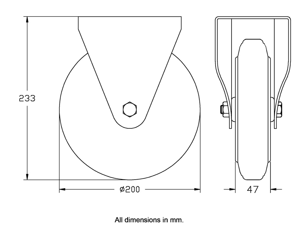 300 series 200mm fixed top plate 146x107mm castor with grey rubber on polypropylene centre roller bearing wheel 205kg - Castor dimensions