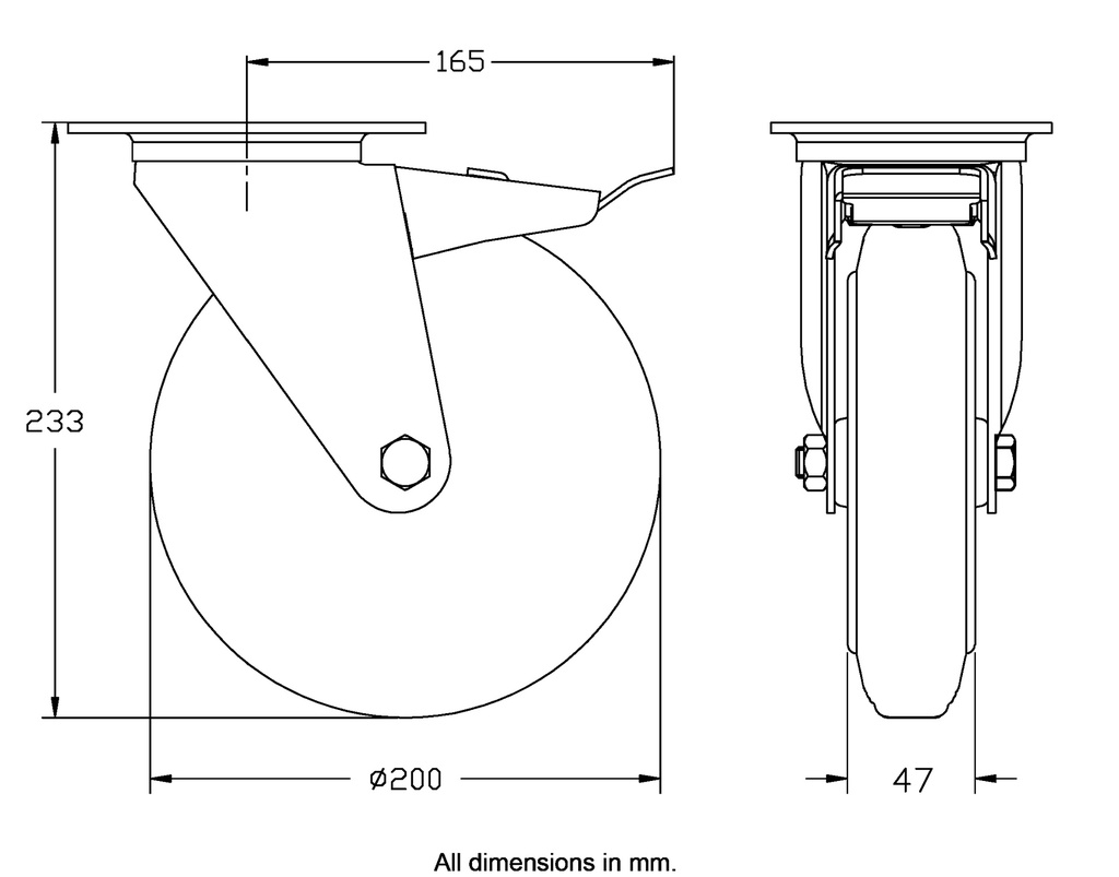 300 series 200mm swivel/brake top plate 140x110mm castor with grey rubber on polypropylene centre roller bearing wheel 205kg - Castor dimensions