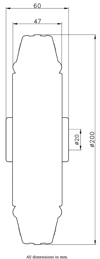 Wheel series 200mm grey rubber on polypropylene centre 20mm bore hub length 60mm roller bearing 205kg - wheel dimensions