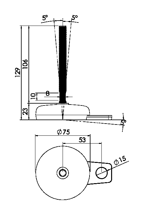 Stainless levelling foot M10x100 with 75mm stainless base with anti-vibration rubber pad & fixing tab 890kg AISI 304/A2 - Dimensions