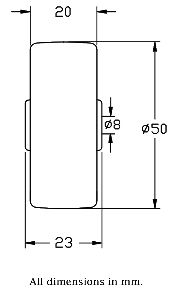 Wheel series 50mm grey TPR-rubber on polypropylene centre 8mm bore hub length 23mm plain bearing 40kg - Wheel dimensions