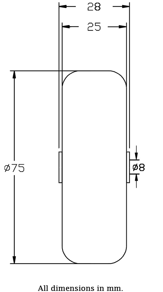 Wheel series 75mm grey TPR-rubber on polypropylene centre 8mm bore hub length 28mm plain bearing 60kg - Wheel dimensions