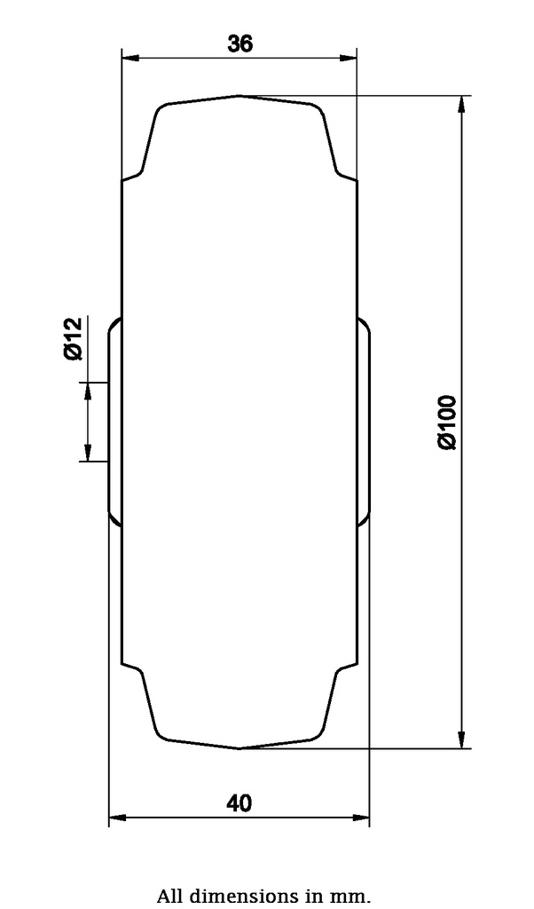 Wheel series 100mm blue elastic rubber on nylon centre 12mm bore hub length 40mm roller bearing 150kg - Wheel dimensions