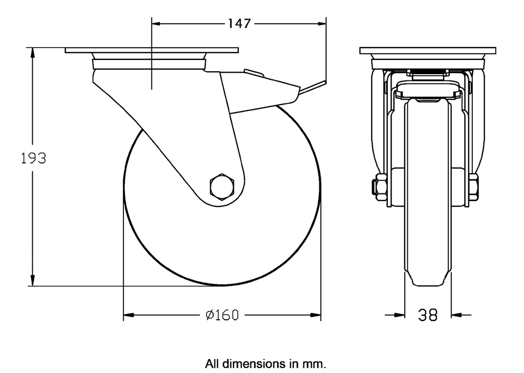 300 series 160mm swivel/brake top plate 140x110mm castor with grey rubber on polypropylene centre plain bearing wheel 135kg - Castor dimensions