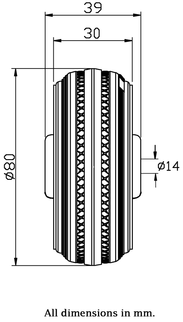 Wheel series 80mm black rubber on pressed steel centre 14mm bore hub length 39mm roller bearing 70kg - Wheel dimensions