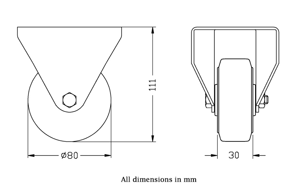 300 series 80mm fixed top plate 100x84mm castor with black rubber on pressed steel centre roller bearing wheel 70kg - Castor dimensions