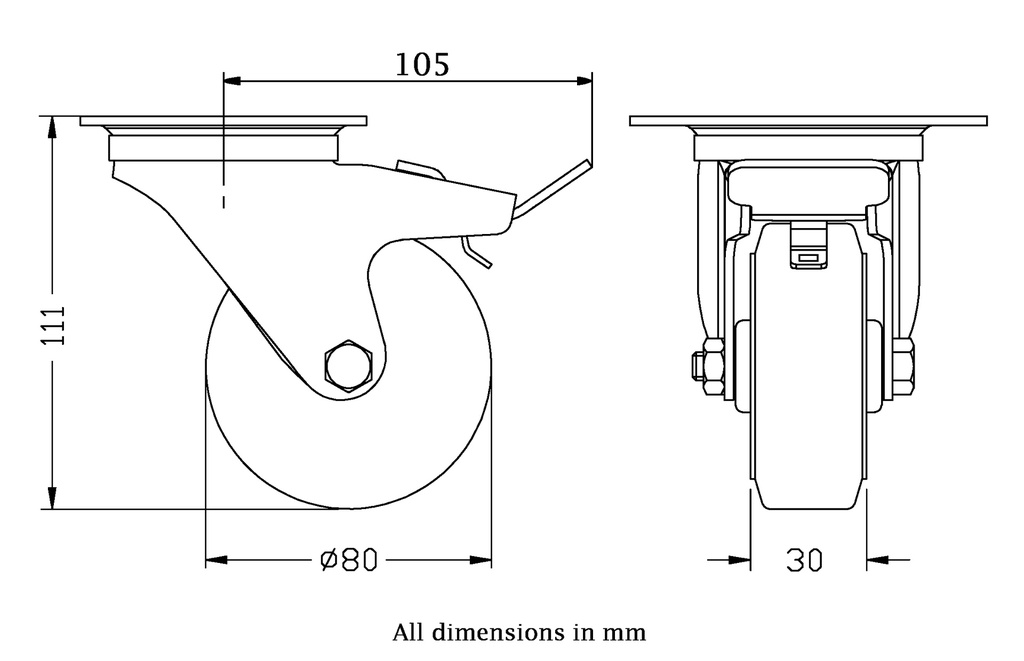 300 series 80mm swivel/brake top plate 100x80mm castor with black rubber on pressed steel centre roller bearing wheel 70kg - Castor dimensions