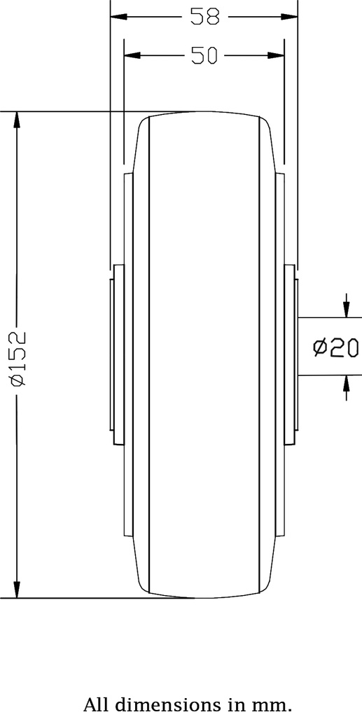 Wheel series 152mm black elastic rubber on aluminium centre 20mm bore hub length 58mm ball bearings 330kg - Wheel dimensions