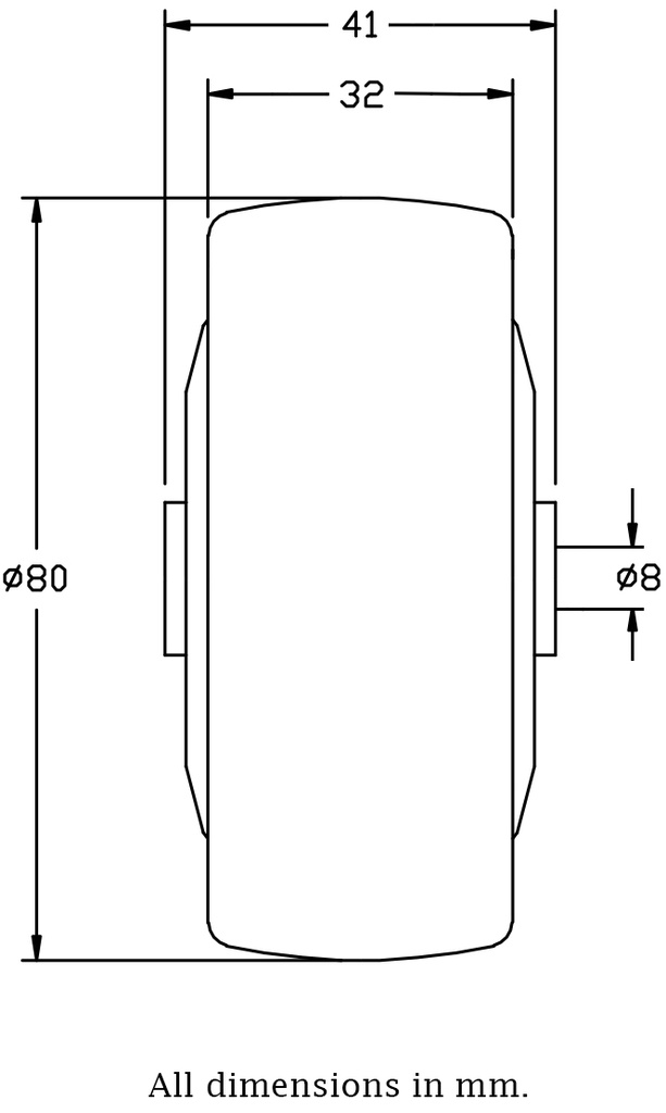 Wheel series 80mm grey TPR-rubber on polypropylene centre 8mm bore hub length 41mm ball bearing 80kg - Wheel dimensions