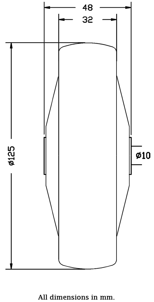 Wheel series 125mm grey TPR-rubber on polypropylene centre 10mm bore hub length 48mm ball bearing 130kg - Wheel dimensions