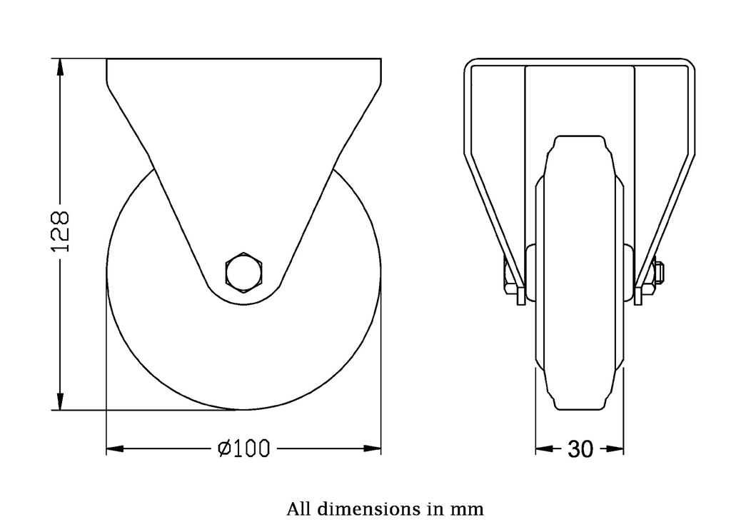 300 series 100mm fixed top plate 100x84mm castor with black rubber on pressed steel centre  roller bearing wheel 90kg - Castor dimensions
