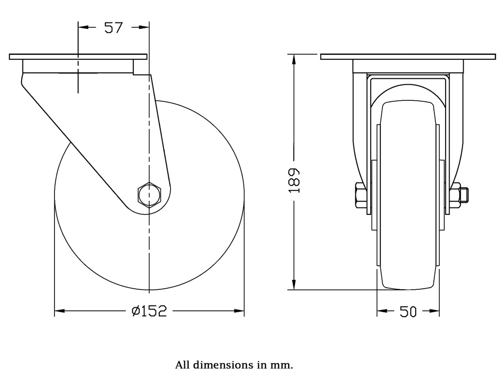 300 series 152mm swivel top plate 140x110mm castor with black elastic rubber on aluminium centre ball bearing wheel 330kg - Castor dimensions