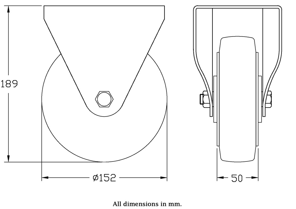 300 series 152mm fixed top plate 146x107mm castor with  black elastic rubber on aluminium centre ball bearing wheel 330kg - Castor dimensions