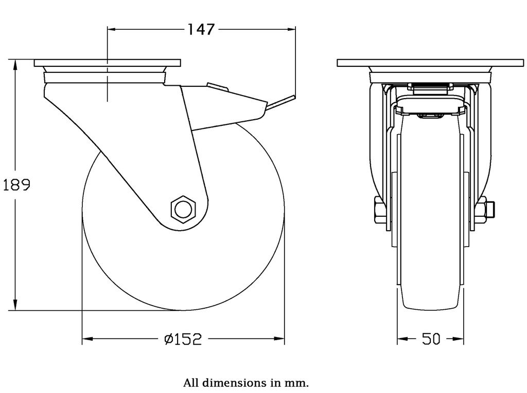 300 series 152mm swivel/brake top plate 140x110mm castor with  black elastic rubber on aluminium centre ball bearing wheel 330kg - Castor dimensions