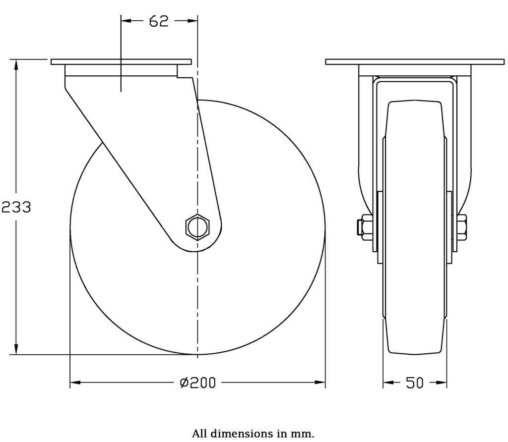 300 series 200mm swivel top plate 140x110mm castor with black elastic rubber on aluminium centre ball bearing wheel 350kg - Castor dimensions