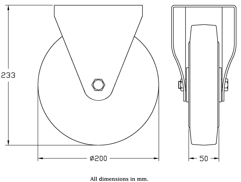 300 series 200mm fixed top plate 146x107mm castor with black elastic rubber on aluminium centre ball bearing wheel 350kg - Castor dimensions