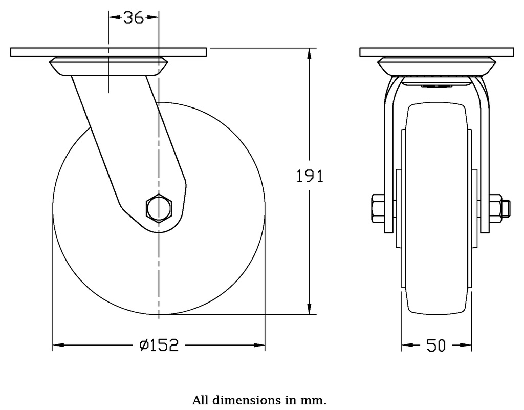 500 series 152mm swivel top plate 140x110mm castor with black elastic rubber on aluminium centre ball bearing wheel 330kg - Castor dimensions