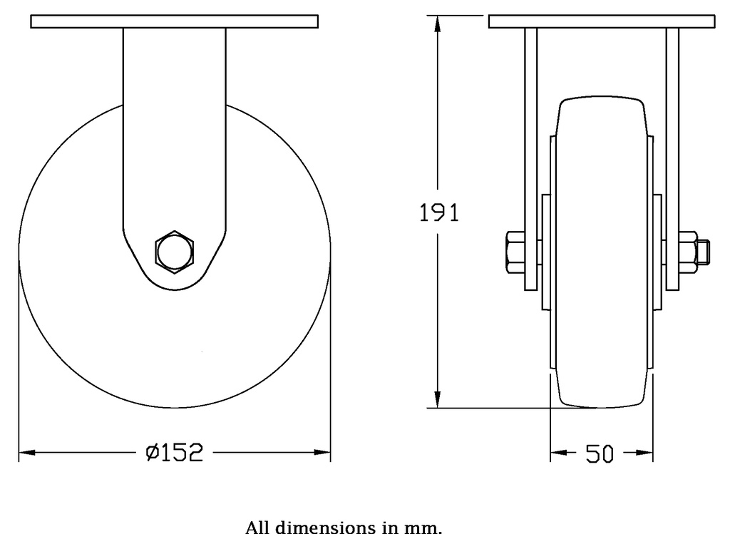 500 series 152mm fixed top plate 140x110mm castor with black elastic rubber on aluminium centre ball bearing wheel 330kg - Castor dimensions