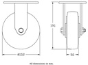 500 series 152mm fixed top plate 140x110mm castor with black elastic rubber on aluminium centre ball bearing wheel 330kg - Castor dimensions