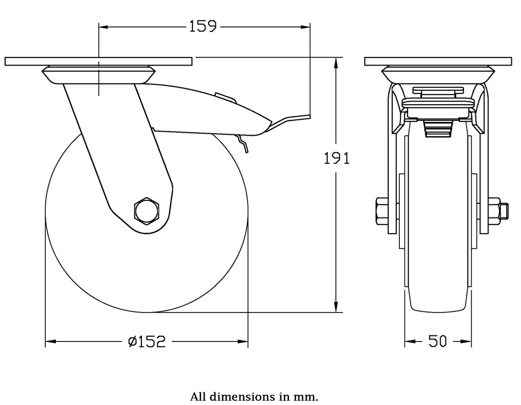 500 series 152mm swivel/brake top plate 140x110mm castor with black elastic rubber on aluminium centre ball bearing wheel 330kg - Castor dimensions