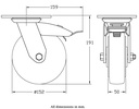500 series 152mm swivel/brake top plate 140x110mm castor with black elastic rubber on aluminium centre ball bearing wheel 330kg - Castor dimensions