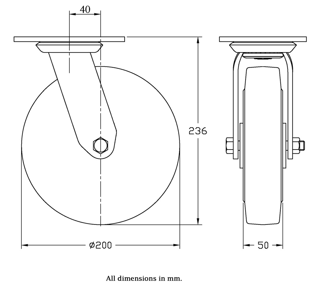 500 series 200mm swivel top plate 140x110mm castor with black elastic rubber on aluminium centre ball bearing wheel 450kg - Castor dimensions
