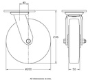 500 series 200mm swivel top plate 140x110mm castor with black elastic rubber on aluminium centre ball bearing wheel 450kg - Castor dimensions