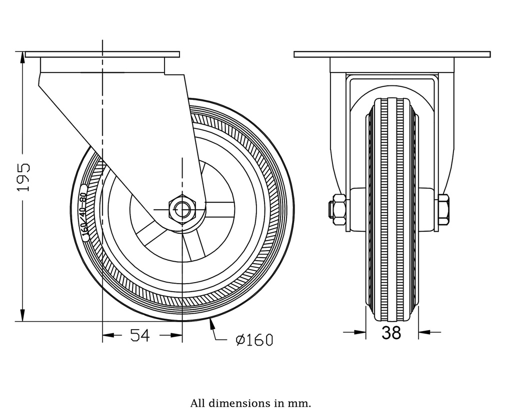 300SS series 160mm stainless steel swivel top plate 140x110mm castor with grey rubber on polypropylene centre plain bearing wheel 135kg - Castor drawing