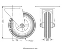 300SS series 160mm stainless steel swivel top plate 140x110mm castor with grey rubber on polypropylene centre plain bearing wheel 135kg - Castor drawing
