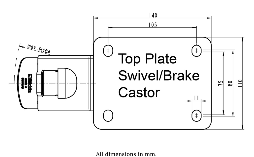 300SS series 160mm stainless steel swivel/brake top plate 140x110mm - Plate drawing