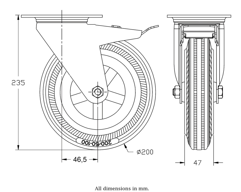 300SS series 200mm stainless steel swivel/brake top plate 140x110mm castor with grey rubber on polypropylene centre plain bearing wheel 205kg - Castor drawing